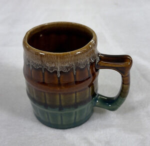 Pottery Barrel Mug Brown Green Drip Glaze Unmarked Vintage Benefits Charity